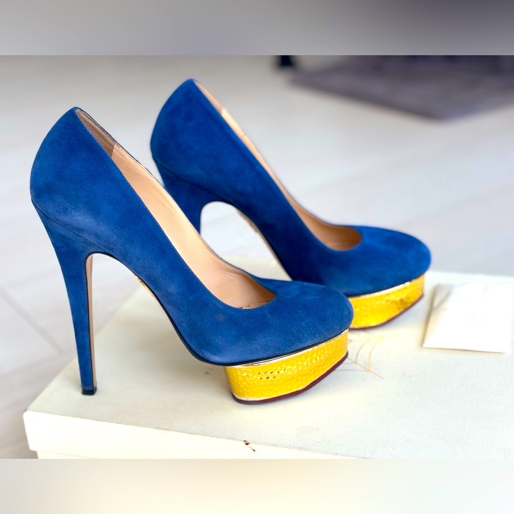 Charlotte Olympia DOLLY Cobalt Blue Suede and Gold Heels